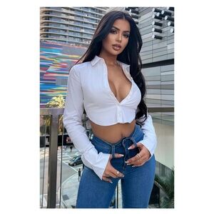 White button up ties in the back